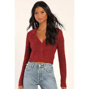 Lulus Warmer Ways Red Long Sleeve Button-up Collared Sweater Top - Size S